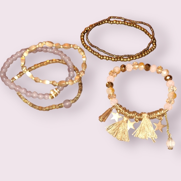 Lot of beaded bracelets stretchy goldtone lilac brushed polished metal acrylic - Picture 3 of 9